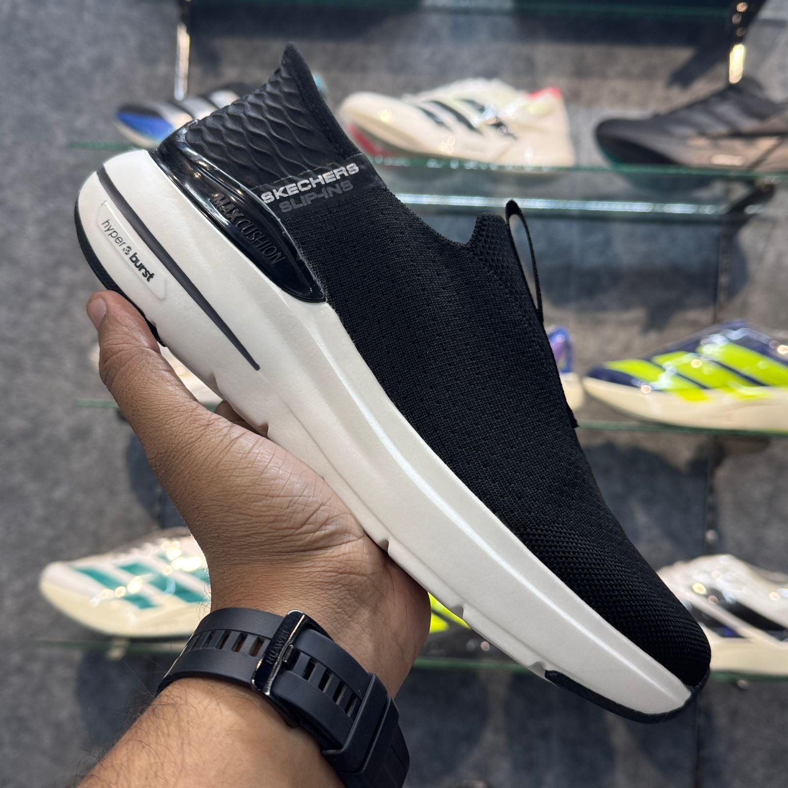 Skechers Hyperburst Max Cushion Slip-ins Black White